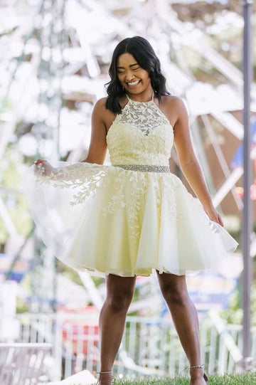 Yellow Tulle Lace Short Prom Dress Beading A Line Homecoming Dress HZ1023